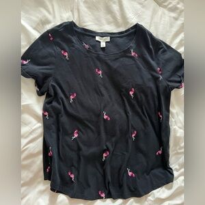 Black Short-Sleeve Tee with Pink Flamingo Embroidery